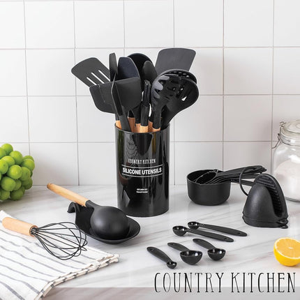 Country Kitchen Non Stick Silicone Utensil Set with Rounded Wood Handles for Cooking and Baking, 38 Piece Set, Green