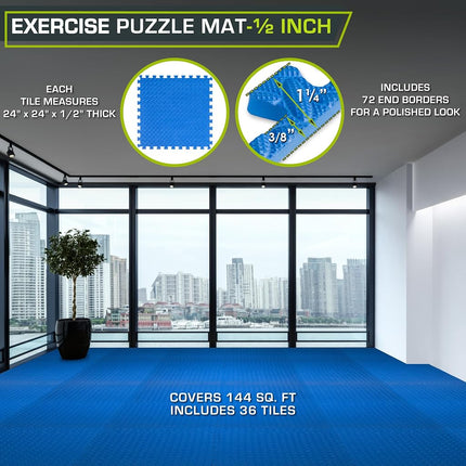 ProsourceFit Exercise Puzzle Mat 1/2-inch, EVA Interlocking Foam Floor Tiles for Home Gym, Workout Equipment, Kids Play Areas, Blue, 144 SQ FT - 36 Tiles