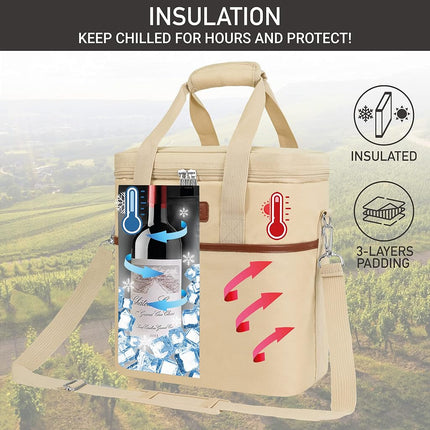 opux 6 Bottle Carrier Tote | Insulated Padded Wine Cooler Bag for Travel. Picnic, BYOB | Portable Leakproof Wine Tote Bag for Dinner, Party, Christmas, Wine Gift for Women, Men (Cream Beige)