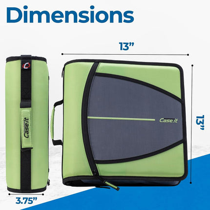Case-it The Mighty Zip Tab Zipper Binder - 3 Inch O-Rings - 5 Color Tab Expanding File Folder - Multiple Pockets - 600 Sheet Capacity - Comes with Shoulder Strap - Key Lime D-146