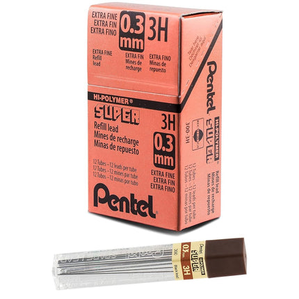 Pentel Super Hi-Polymer Lead, 0.3mm, Extra Fine, 3H, 12 pcs/Tube, Box of 12 (300-3H)