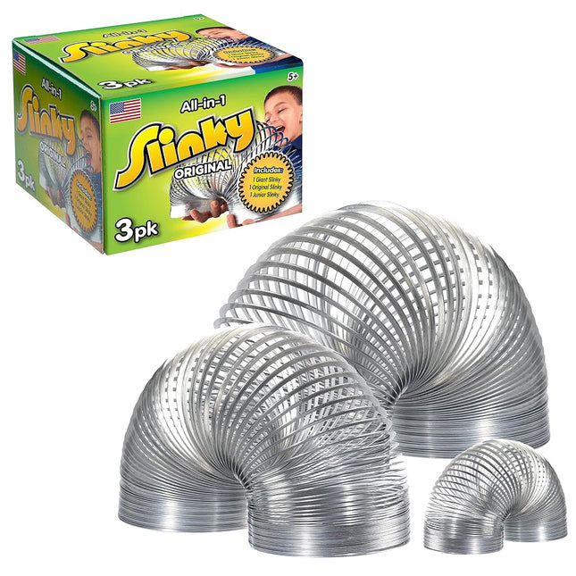 Just Play 03143 Assorted Slinky 3-Pack Original Brand Fidget Pack: 1 Giant, 1 Classic, and 1 Junior Walking Metal Spring Toy, Multicolor, S