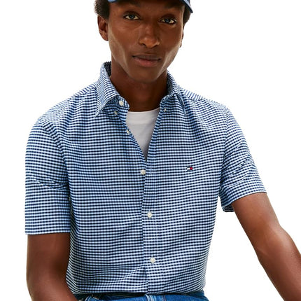 Tommy Hilfiger Men's Heritage Oxford Gingham Regular Short Sleeve Shirts, Night Sky/Check XX-Large