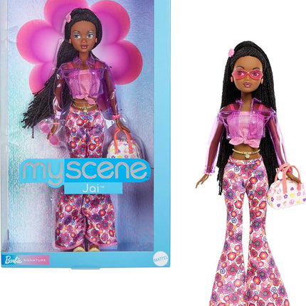 Barbie Signature My Scene Jai Doll and Accessories, Black Braids, Y2K-Inspired Outfit with Pink Top, Vinyl Jacket, Floral Flare Pants and Doll Stand, JBH84