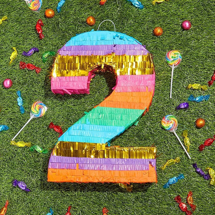 BLUE PANDA Rainbow Number 2 Pinata for 2nd Birthday Party Supplies, Fiesta, Cinco de Mayo Celebration (Small, 16.5 x 11 x 3 Inches)
