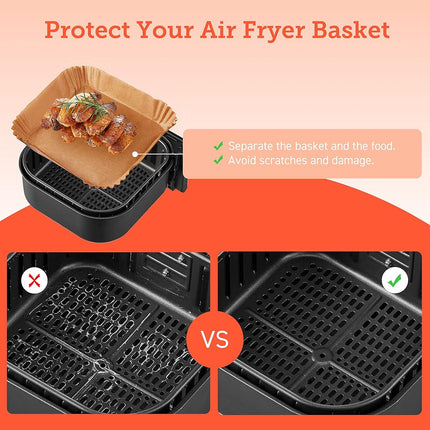 COSORI Air Fryer Liners, 100 PCS Square Disposable Paper Liners, Non-Stick Silicone Oil Coating, Little to No Cleaning, 7.9" Unbleached Food Grade, Resistant to 465�F, Thickened Not Easy to Break