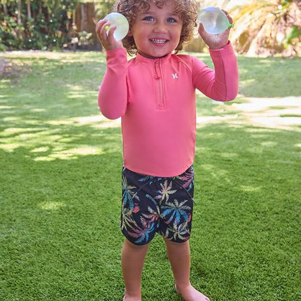 Ensemble de maillot de bain 2 pièces Hurley pour garçons et tout-petits, avec haut de protection anti-UV à manches longues, motifs palmiers rouges/multiples, 6 mois