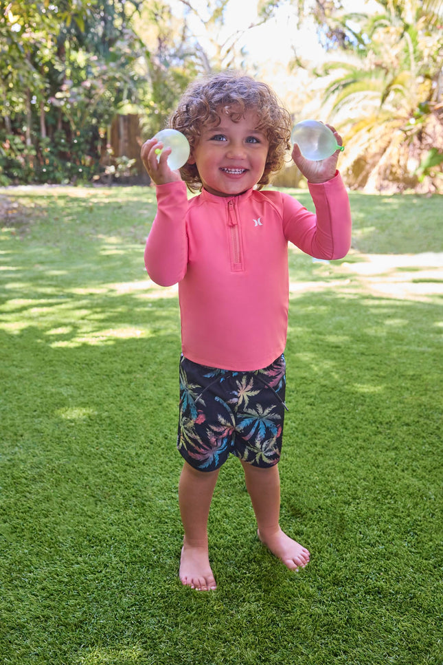 Hurley Baby and Toddler Long Sleeve Rash Guard Swim Suit 2-Piece Outfit Set, Red/Multi Palms, 12 Months