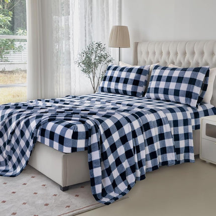 Elegant Comfort Luxuriously Soft 4-Piece Velvet Plush Flannel Sheet Set - Premium Quality - Cozy Warm, Anti-Static, Non Pilling Fuzzy Velvet Flannel Fleece Deep Pocket Sheet Set-Twin XL, Buffalo Navy