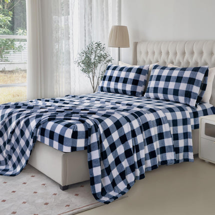 Elegant Comfort Luxuriously Soft 4-Piece Velvet Plush Flannel Sheet Set - Premium Quality - Cozy Warm, Anti-Static, Non Pilling Fuzzy Velvet Flannel Fleece Deep Pocket Sheet Set-Twin XL, Buffalo Navy