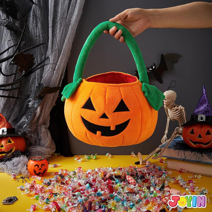 JOYIN Halloween Pumpkin Plush Tote Bucket, 11 X 13.4 inches Candy Trick or Treat Bag, Cute Halloween Basket with Handle for Kids Girl Boy Trick or Treating, Party Favor Supplies, Kids Gifts Goody Bag