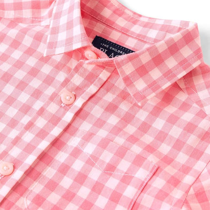 The Children's Place,Baby Boys,and Toddler Poplin Short Sleeve Button Down Shirt,Cherry Plaid,6 Months,9 Months, Cherry Plaid, 6-9 Months