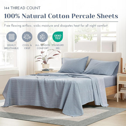 Comfort Spaces 100% Cotton Sheets Queen, Breathable, Naturally Cool Cotton Sheets, Soft Cotton Bed Sheets with 14" Elastic Pocket Fits up to 16" Mattress, All Seasons Sheet Set, Diamond Blue 4 Piece
