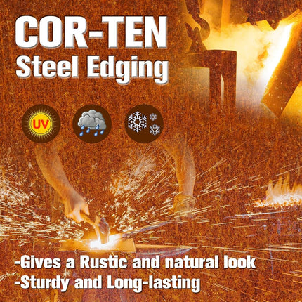 Worth Garden 6 Pack Pre-Rusted Cor-Ten Steel Landscape Edging - 102CM x 14CM Each (612CM Total) - No-Dig Hammer-in Heavy Duty 14-Gauge Metal Edging Border w/ 7 Clips & Gloves - Edge for Lawn Yard