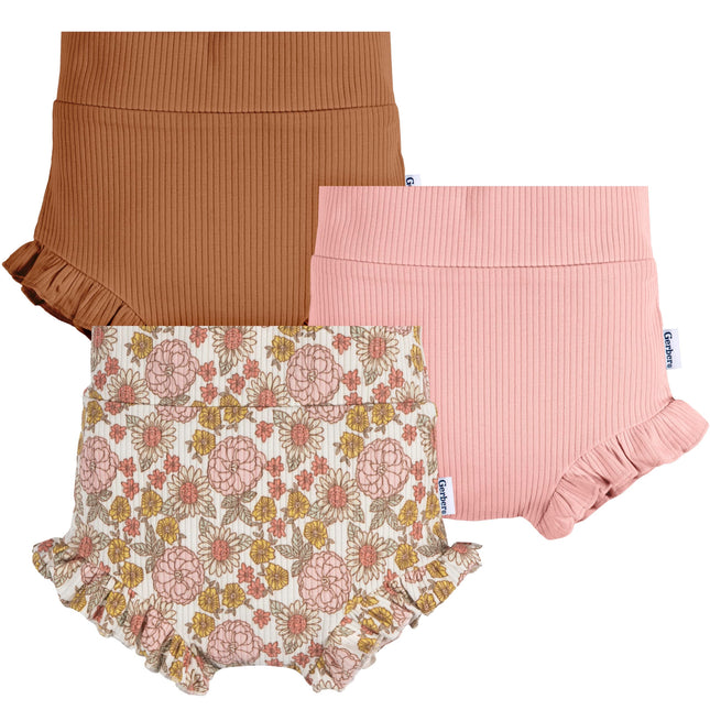 Gerber Baby-Girls 3-Pack Bubble Shorts, Brown/Pink