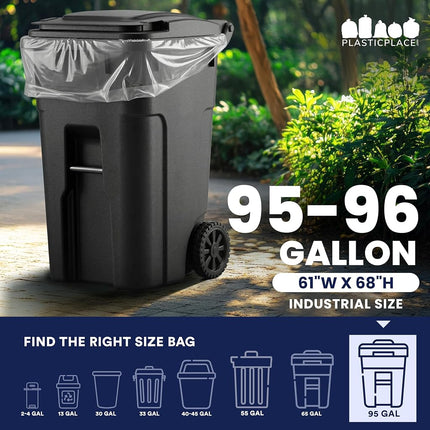Plasticplace 95 Gallon Trash Bags, 2.0 Mil, 61"W x 68"H, Clear, 25/Case