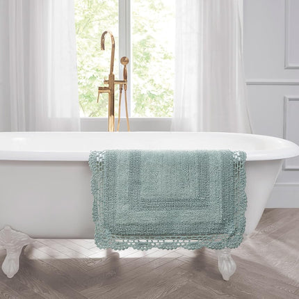 Laura Ashley Crochet Cotton 17x24/21x34 in. 2-Piece Bath Rug Set, Aqua