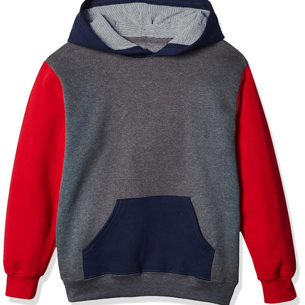 Fruit of the Loom Boys' Fleece Hoodie Sweatshirt, Charcoal Heather/True RED/Ghost Times Square Navy Stripe, X-Small