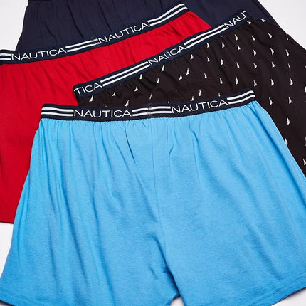 Nautica Men's Classic Cotton Loose Knit Boxer Shorts, Peacoat/Aero Blue Red/Sails Black-4 Pack, Medium