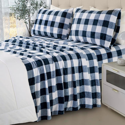 Elegant Comfort Luxuriously Soft 4-Piece Velvet Plush Flannel Sheet Set - Premium Quality - Cozy Warm, Anti-Static, Non Pilling Fuzzy Velvet Flannel Fleece Deep Pocket Sheet Set-Twin XL, Buffalo Navy