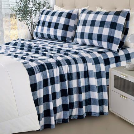 Elegant Comfort Luxuriously Soft 4-Piece Velvet Plush Flannel Sheet Set - Premium Quality - Cozy Warm, Anti-Static, Non Pilling Fuzzy Velvet Flannel Fleece Deep Pocket Sheet Set-Twin XL, Buffalo Navy