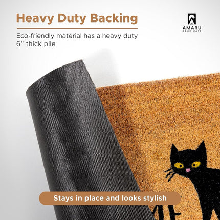 Black Cat- 17"x29" - Coir Door Mat with Heavy Duty Backing - Welcome Mats for Entryway, Porch - Anti-Slip PVC & Coconut Fiber Surface - Natural Home Accessories, Minimalist Original Design