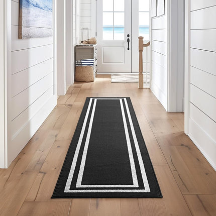 Nautica – Runner Rug | Indoor Runners for Hallways and Entry Rugs| Non-Slip and Non-Skid Entry and Kitchen Door Mat| Machine Washable Entryway Carpet Rugs | 2'6" x 10' | Double Border Black