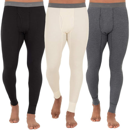 Fruit of the Loom Men's Recycled Premium Waffle Thermal Underwear Long Johns Bottom (1, 2, 3, and 4 Packs) Pajama, Black/Greystone Heather/Natural, Small (Pack of 3)