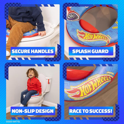 Hot Wheels Soft Potty Training Seat for Toilet with Storage Hook, Non-Slip Potty Ring with Splash Guard, Built-in Handles for Toddlers
