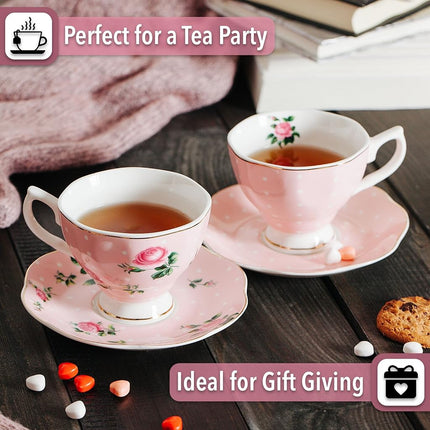BTäT- Floral Tea Cups and Saucers, Set of 2 (Pink - 8 oz) with Gold Trim and Gift Box, Coffee Cups, Floral Tea Cup Set, British Tea Cups, Porcelain Tea Set, Tea Sets for Women, Latte Cups