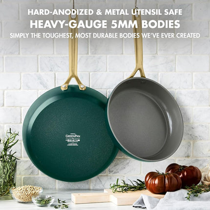 GreenPan 9.5” & 11” Ceramic Nonstick Frying Pan Skillet Set, PFAS-Free, Hard Anodized Cookware, Induction Compatible & All Cooktops, Dishwasher & Oven Safe, GP5 Stay-Flat Surface, Rainforest Green