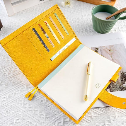 Ox Knight A5 Leather Planner Cover for Hobonichi Cousin, Stalogy, Midori, Leuchtturm1917, and More - with Pen Loop, Card Slots, Back Pocket, and Bookmarks (Yellow)