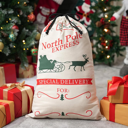 JOYIN 1PCS Christmas Drawstring Gift Bag Santa Burlap Sack 26" x 19" Cloth Pouch for Xmas Presents Package, Event Party Supplies, Christmas Party Favors, Green&White