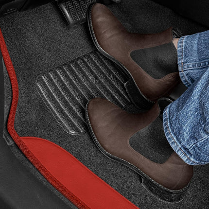 BDK Floor Mats for Cars, Two-Tone Carpet Car Floor Mats with Faux Leather Accents, Automotive Floor Mat Set with Built-In Heel Pad, Stylish Interior Car Accessories (Red)