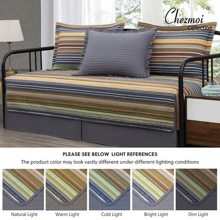 Chezmoi Collection Avery Striped Cotton Quilt Set Daybed Size, 5-Piece Soft Pre-Washed 100% Cotton Quilt, Multi-Color Green