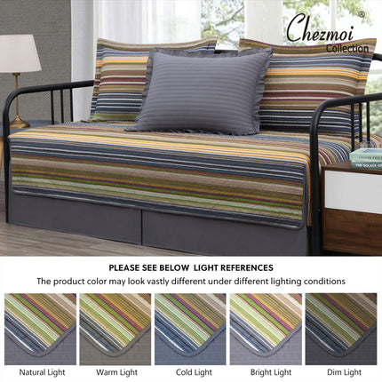 Chezmoi Collection Avery Striped Cotton Quilt Set Daybed Size, 5-Piece Soft Pre-Washed 100% Cotton Quilt, Multi-Color Green