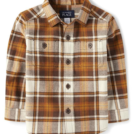 The Children's Place Baby Boys' and Toddler Long Sleeve Plaid Flannel Button Up Shirt, Haystack Plaid, 2T