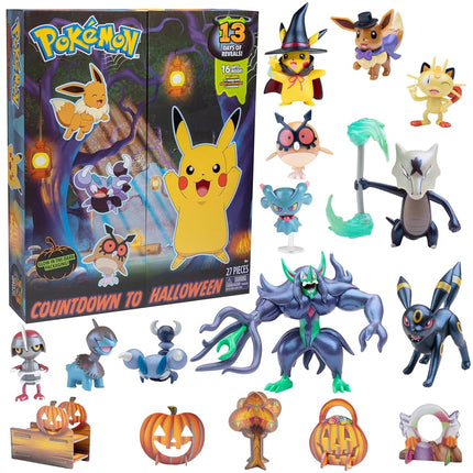 Pokémon 2024 Halloween Countdown Advent Calendar for Kids, 16 Gift Playset - 13 Days of Reveal with 11 Toy Character Figures & 5 Accessories - Pikachu, Eevee, Meowth & More - 4.5" Deluxe Action