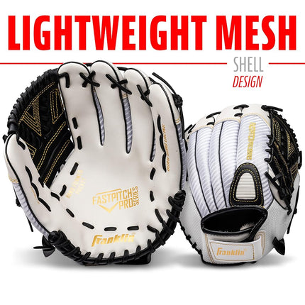 Guante de sóftbol Franklin Sports Fastpitch - Fastpitch Pro - Guante de sóftbol para adultos y jóvenes - Para cuadro interior y exterior - Guante para mano derecha - Blanco/Dorado - 13" para diestros
