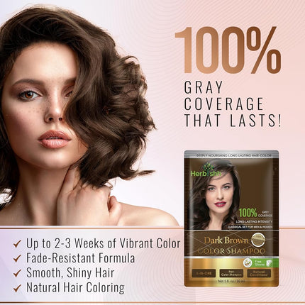 Herbishh Hair Color Shampoo for Grey Hair – Hair Dye Shampoo with Bio-Active Ingredients – Long Lasting Color – Travel-Friendly Pack (10 x 30ml Sachets) + 1 Pack Hair Mask Sachets (Dark Brown)