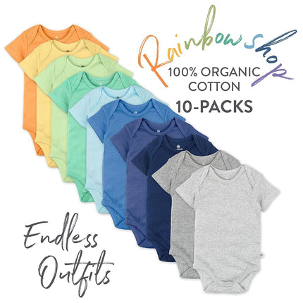 Honestbaby 10-Pack Short Sleeve Bodysuits One-Piece 100% Organic Cotton for Infant Baby Boys, Girls, Unisex, Rainbow Blues, 12 Months