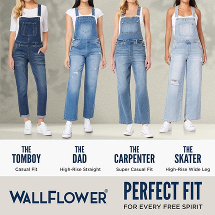 WallFlower Women’s Denim Overalls in Petite, Midsize, Plus Size, Juniors Jeans - Linden Skater, Small, Linden Skater, Small