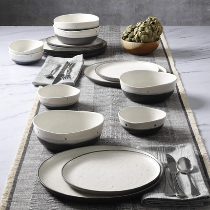 Gibson Elite 101984.16RM Rhinebeck Round Reactive Glaze Double Bowl Stoneware Dinnerware Set, Service for Four (16pcs), White and Black