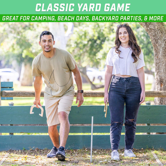 GoSports Steel Horseshoes Outdoor Game Set - Official Size and Weight - Gold & Silver