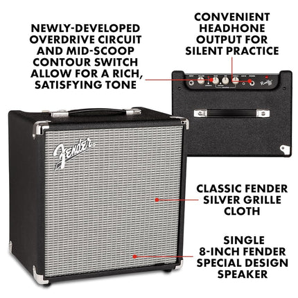 Fender Rumble 25 V3 Bass Amplifier, Bass Combo Amp, 25 Watts, with 2-Year Warranty, 8 Inch Speaker, with Overdrive Circuit and Mid-Scoop Contour Switch