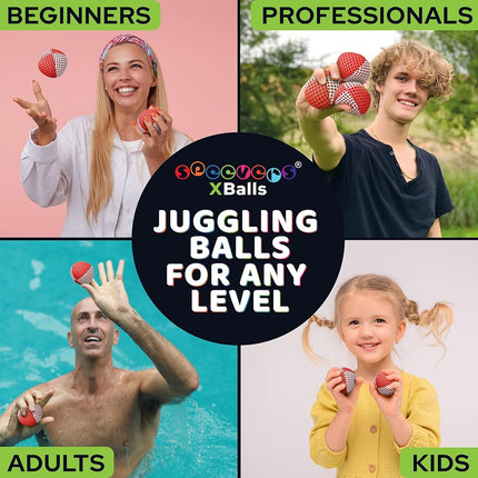 Speevers Juggling Balls for Beginners and Professionals Set of 3, 14 Colors Available, 2 Layers of Net and Carry Case, Xballs Juggling Balls (White - Red, 4.2 oz)