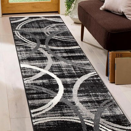 Rugshop Modern Wavy Circles Design Runner Rug, Fade-Resistant Carpet for Hallway, Entryway, or Kitchen, Black, 2' x 10'