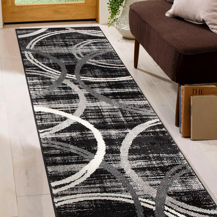 Rugshop Modern Wavy Circles Design Runner Rug, Fade-Resistant Carpet for Hallway, Entryway, or Kitchen, Black, 2' x 10'