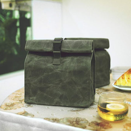 Durable Waxed Canvas Lunch Bags Eco-Friendly Reusable Lunch Box with Adjustable Buckle for Men, Women, Kids, Green, Soft Handfeel