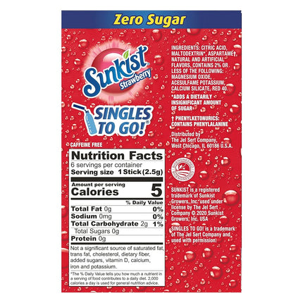 Sunkist Singles-To-Go Drink Mix, Strawberry, Non-Carbonated, Low-Calorie, Zero Sugar, 6 CT in each box (Pack of 6)